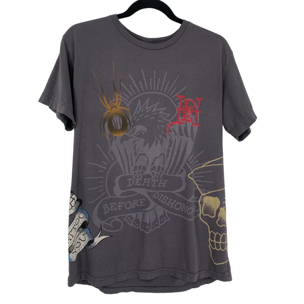 Y2K Ed Hardy Audigier Tattoo Art Skull Graphic Tee L Cotton Grey Made In USA